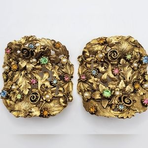 Floral Musi Shoe Clips Large Designer Rhinestone Gold Tone Vtg Glam Runway Pair